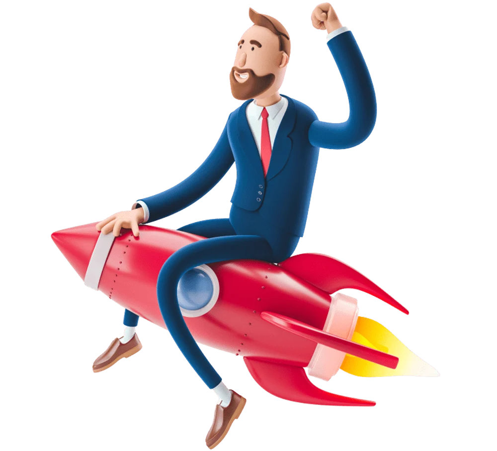 Ilustración de un hombre de negocios montando un cohete rojo, simbolizando crecimiento y éxito.
