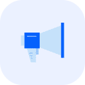 Ícono de un altavoz azul, simbolizando comunicación y alcance publicitario.
